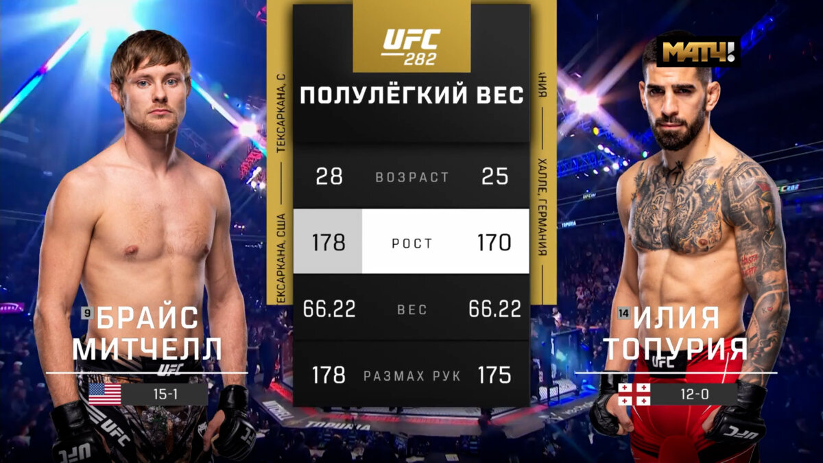 Топурия полный бой. Илия Топурия Брайс Митчелл. Юфс 282 кард. UFC 282 участники.